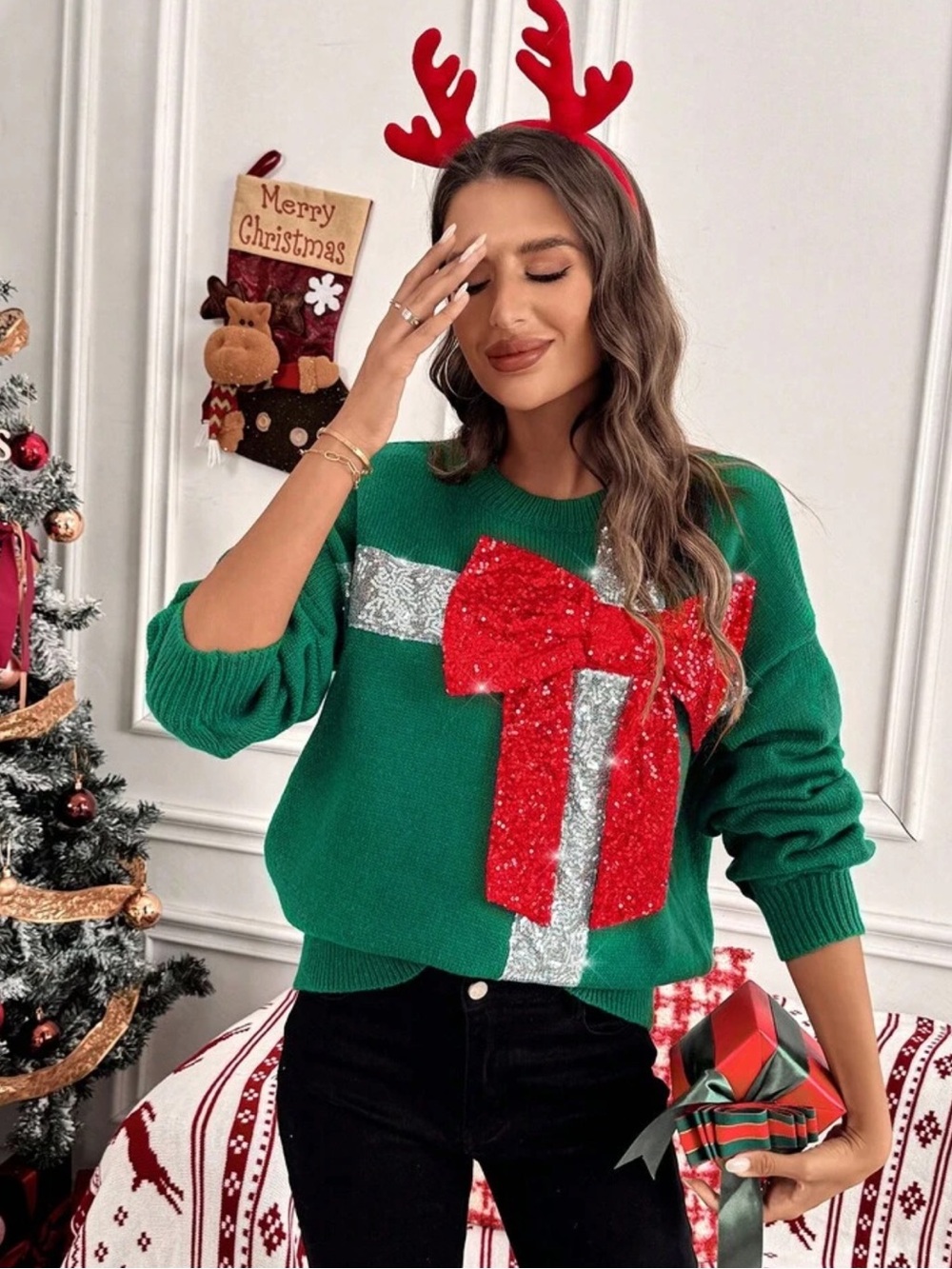 Christmas Bow & Sequins Embellished Elegant Women Sweaterbow Tie